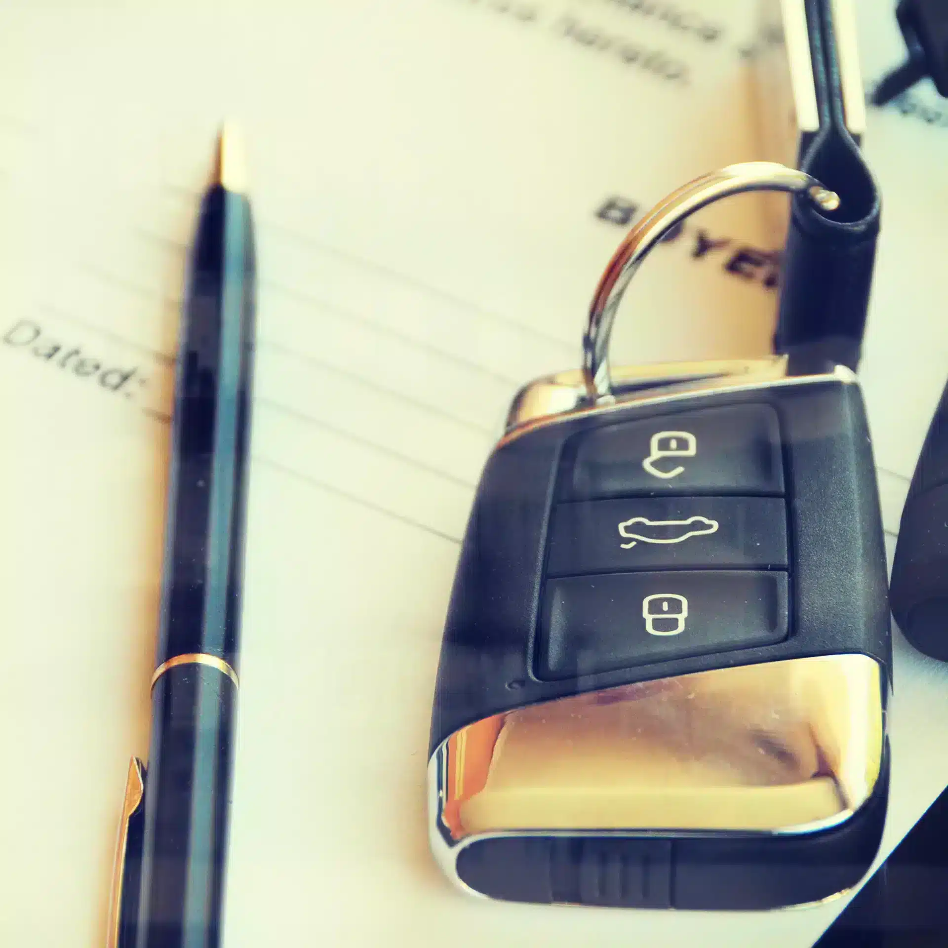 Clé de voiture moderne et stylo élégant sur un contrat de vente avec les mentions Dated et Buyer.