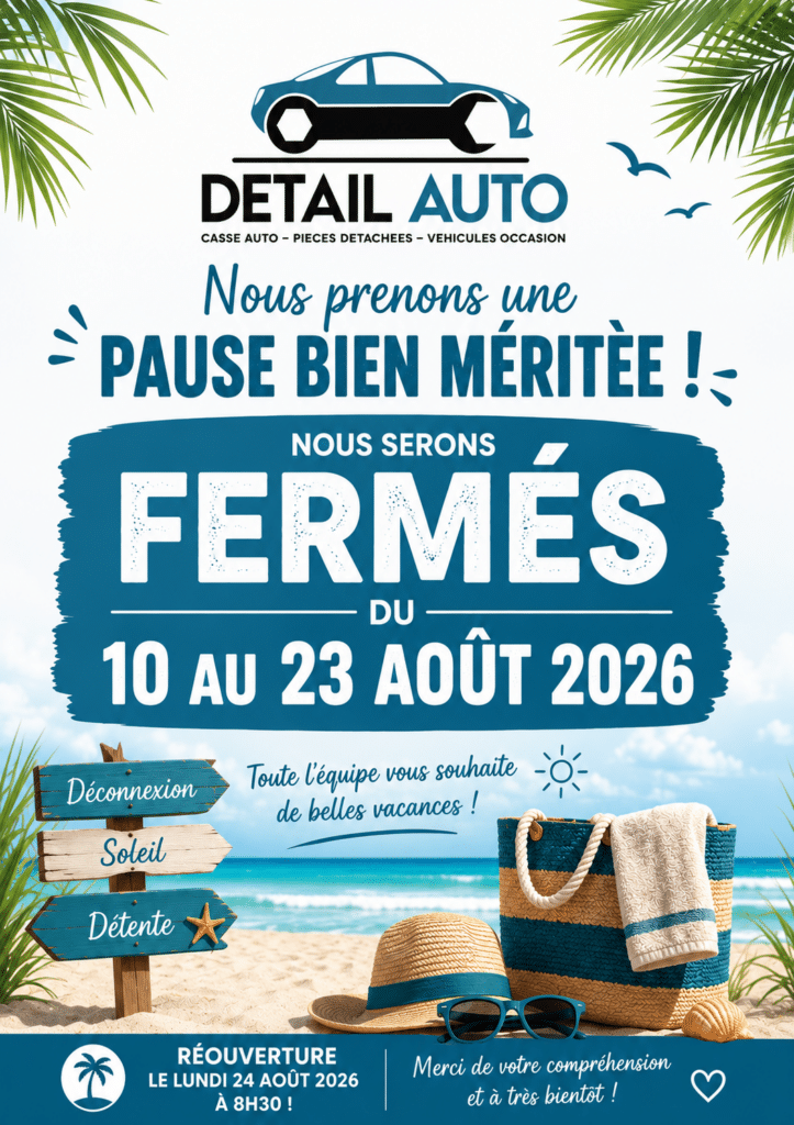 Fermeture Detail Auto du 10 au 23 août 2026. Réouverture le 24 août. Décor de plage estivale.